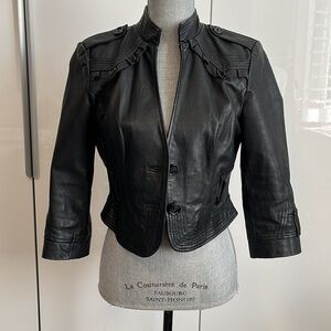 Women's Black Cropped Frill Leather Jacket Lined, Size M